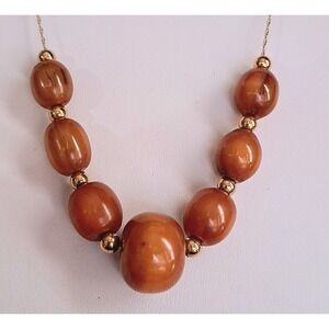 Antique Butterscotch Amber Necklace With 14k Chain & Beads 30" Long 14.13g